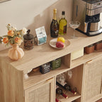 Lerliuo Rattan Wine Cabinet with 2 Doors, Boho Liquor Cabinet with Wine Racks, Farmhouse Coffee Bar Station for Living Room, Dining Room, Kitchen, Natural Wood