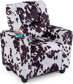 GLACER Kids Recliner with Cup Holder, Velvet Toddler Lounge Chair w/Adjustable Backrest & Footrest, Spring-Loaded Seat Cushion, Push Back Toddler Sofa for Boys & Girls Ages 3+ Years Old (Cow)
