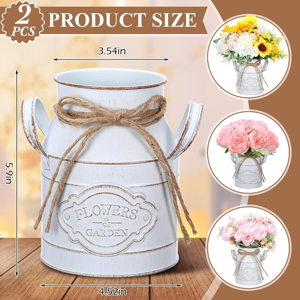 Roshtia 2 Pcs 6 Inch Metal Milk Can Jug Bulk Vintage Galvanized Milk Vase Rustic Farmhouse Flower Bucket French Shabby Chic Decor with Handle for Home Wedding Table Centerpiece (Retro White)