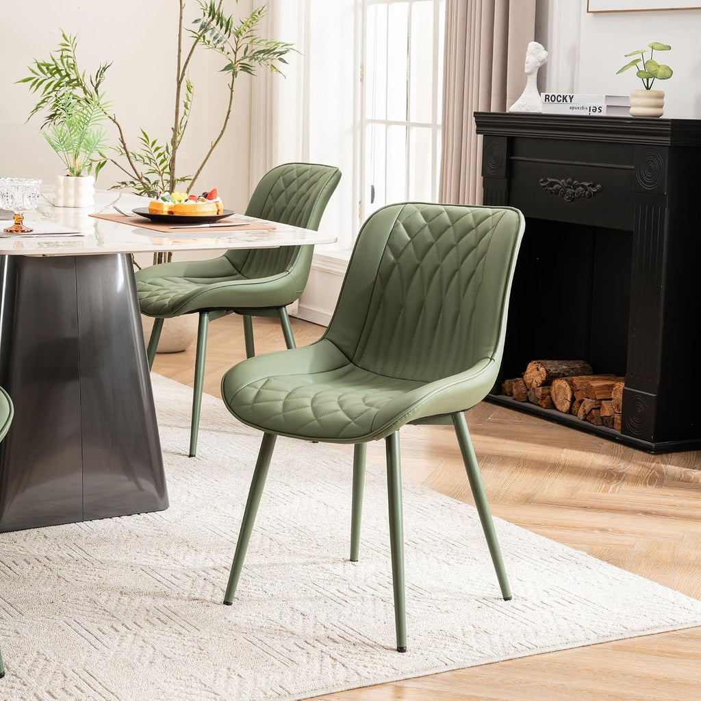 YOUNIKE Olive Green Faux Leather Dining Chairs Set of 2 Mid-Century Modern High Padded Back Comfy Upholstered Kitchen Chairs with Metal Legs Wide Seat Accent Side Chair for Dining/Living/Waiting Room