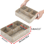 BTSKY Desk Drawer Organizer Tray, Coffee Station Organizer Tea Bag Organizer, Woven Seagrass Storage Basket with 4 Divided Sections Handwoven Wicker Basket for Shelves, Pantry, Coffee Bar (White)