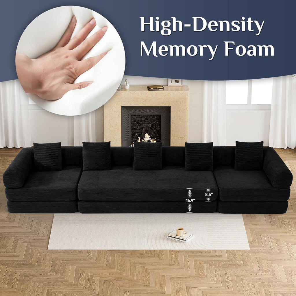 DAMAIFROM Convertible Sleeper Sofa Bed with Cylindrical Pillow,Corduroy Folding Mattress Couch with Fixed-Shape Frame,Modular Floor Sofa Lounge Couch for Living Room Bedroom Lounge,158.6",Black