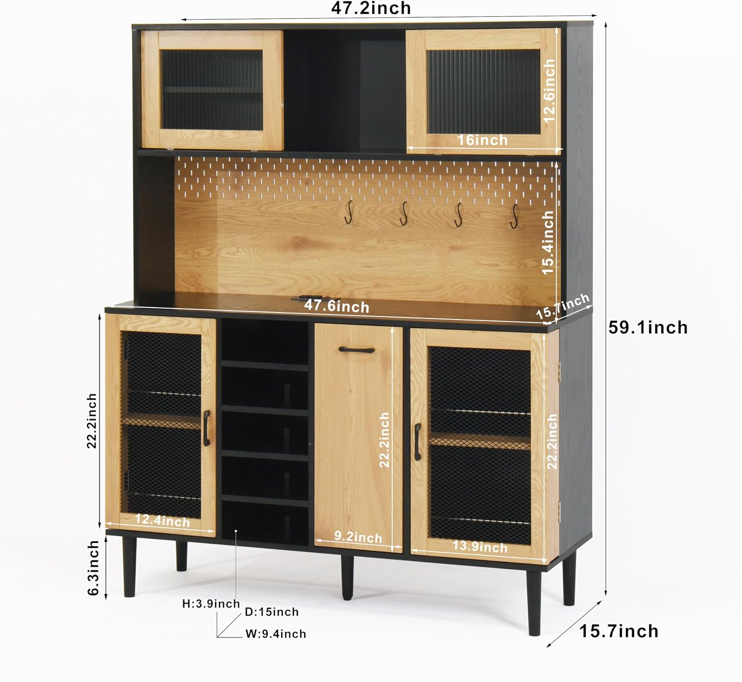 Farmhouse Buffet Sideboard Cabinet with Power Outlet & Wine Rack -59" Height, Coffee Bar Cabinet with Storage Door for Kitchen Pantry Living Room