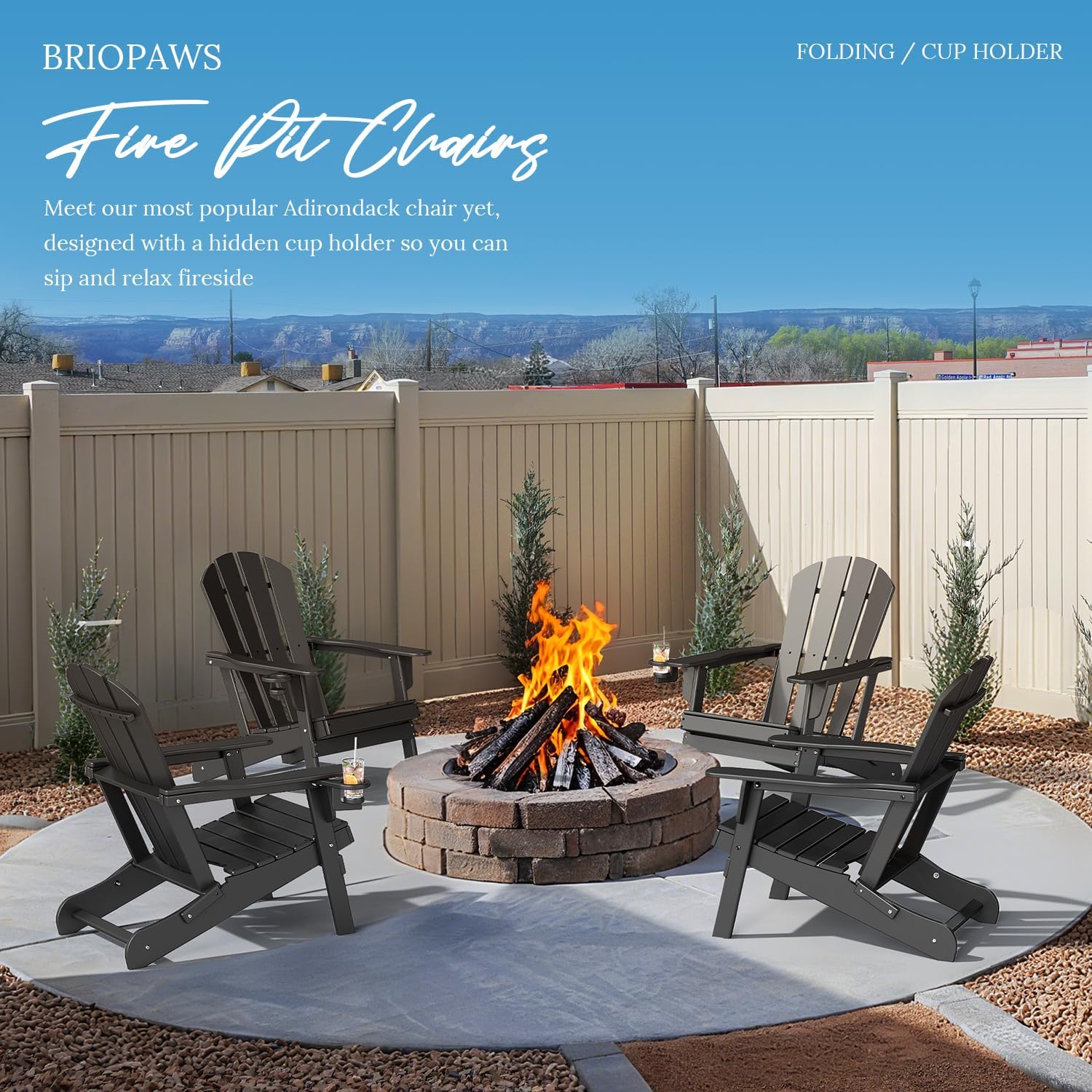 BRIOPAWS Folding-Adirondack-Chairs Set of 2 | HDPE Plastic | Fire Pit Chair | Cup Holder | Curved Back | All Weather| for Outdoor Backyard Deck Patio | Black