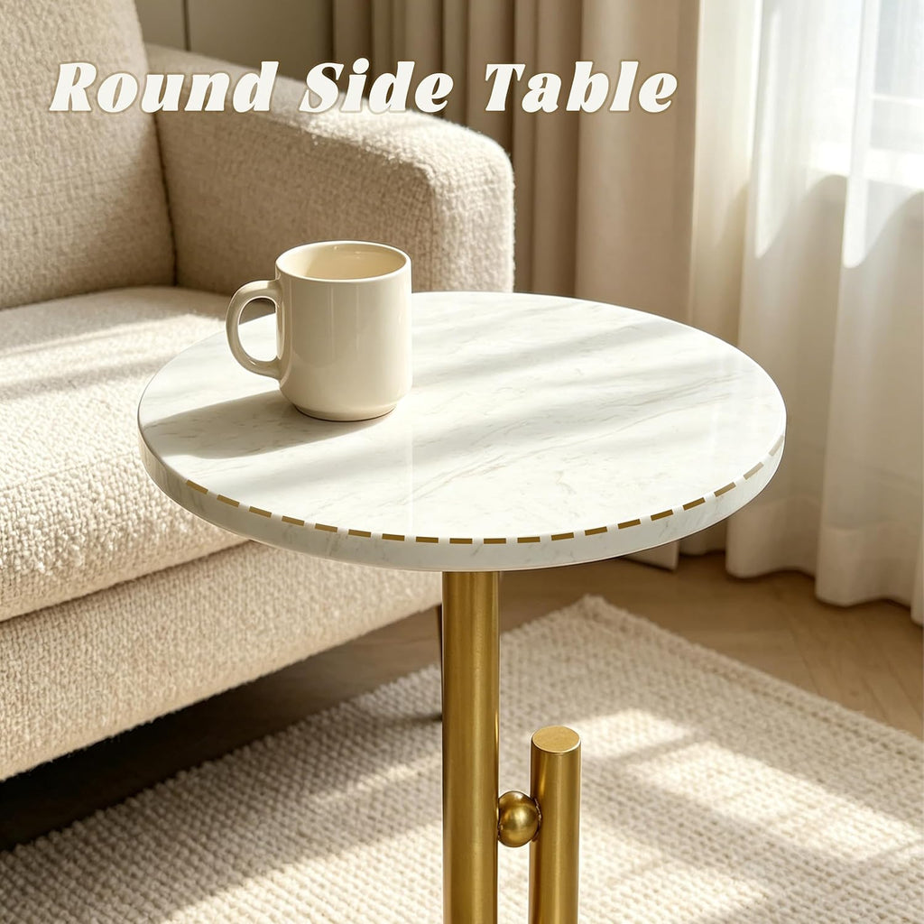 Small Marble End Table, Round Side Table, Modern Drink Table, Pedestal Accent Table for Living Room, Bedroom, Sofa Side, Nightstand for Small Spaces, Easy Assembly, White and Gold