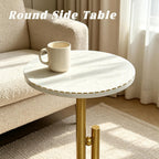 Small Marble End Table, Round Side Table, Modern Drink Table, Pedestal Accent Table for Living Room, Bedroom, Sofa Side, Nightstand for Small Spaces, Easy Assembly, White and Gold
