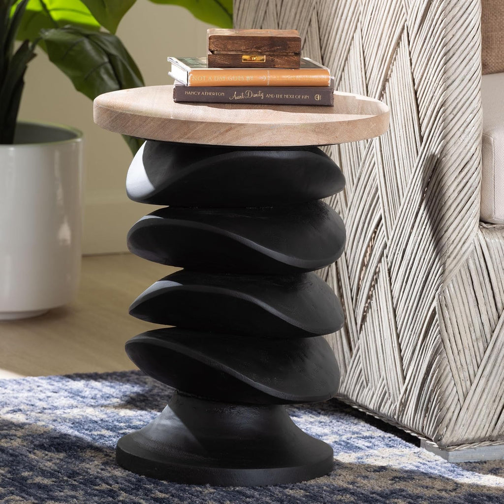 Bali & pari Ziva End Table with Petrified Wood Top - Pedestal Accent Side Table for Living Room or Entryway