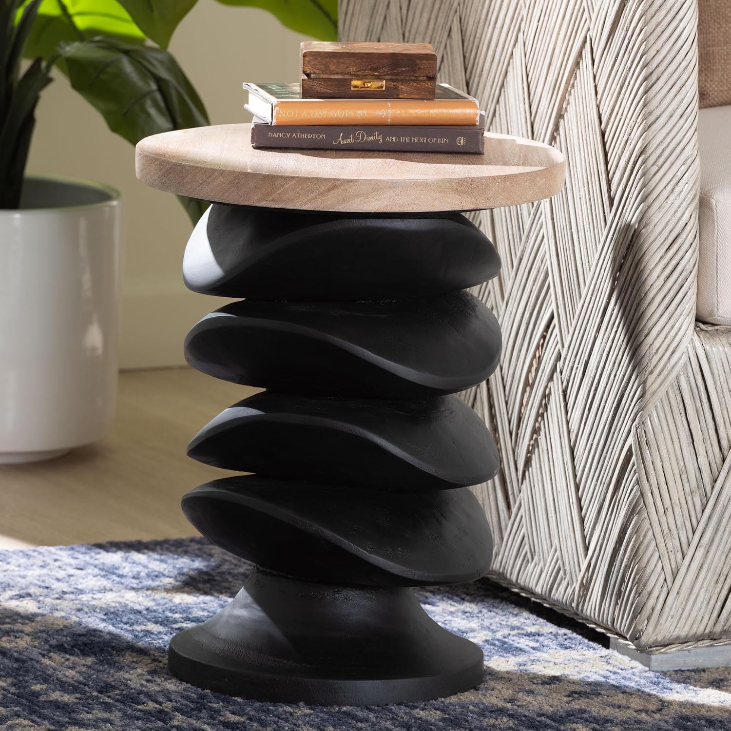 Bali & pari Ziva End Table with Petrified Wood Top - Pedestal Accent Side Table for Living Room or Entryway
