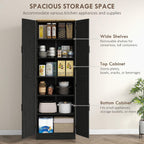 4-Door Industrial Freestanding Kitchen Pantry Cabinet with Multiple Adjustable Shelves, Distressed Black Finish and Sleek Design