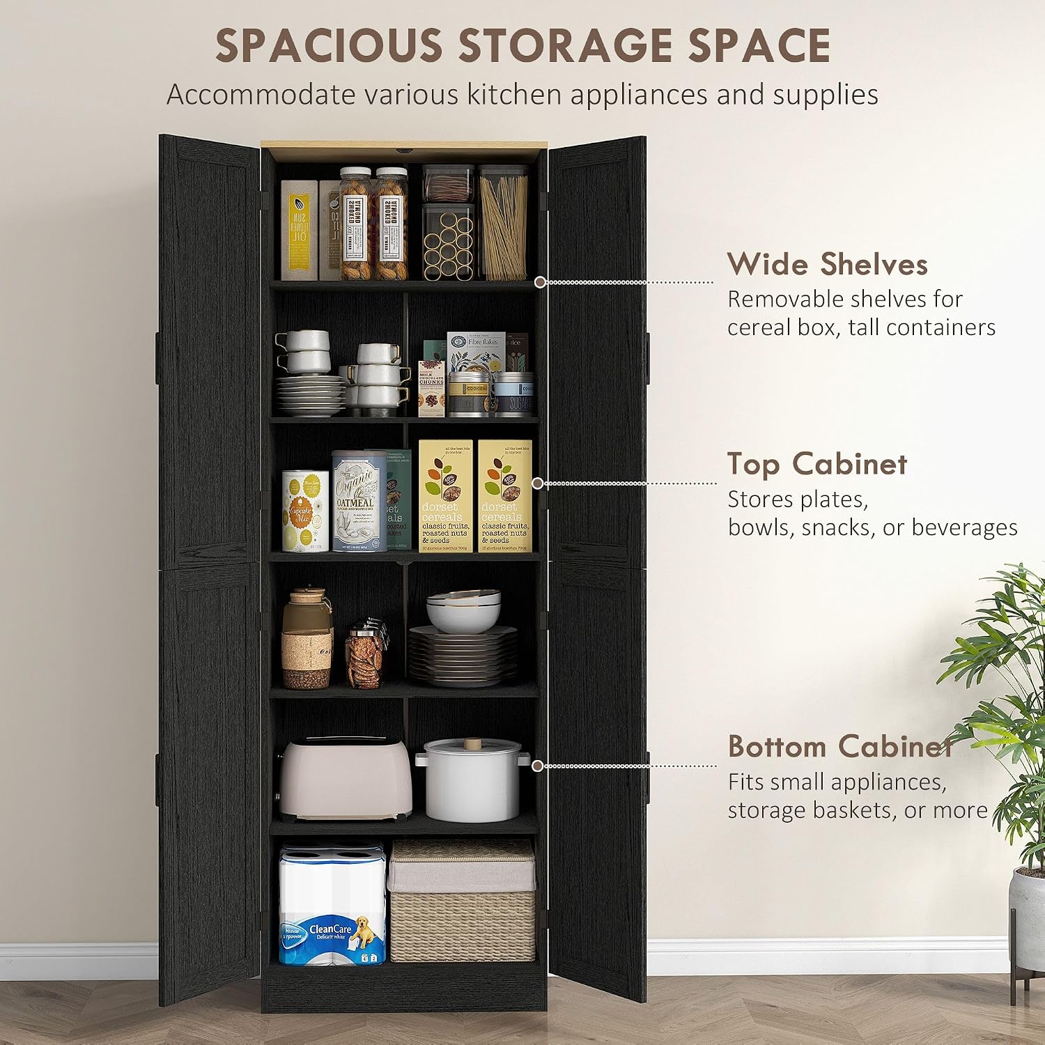4-Door Industrial Freestanding Kitchen Pantry Cabinet with Multiple Adjustable Shelves, Distressed Black Finish and Sleek Design