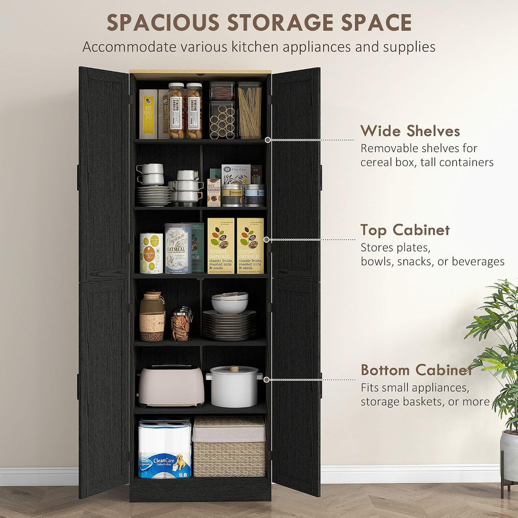 4-Door Bohemian Freestanding Kitchen Pantry Cabinet with Complete Adjustable Shelves, Distressed Black Finish in Vintage Design