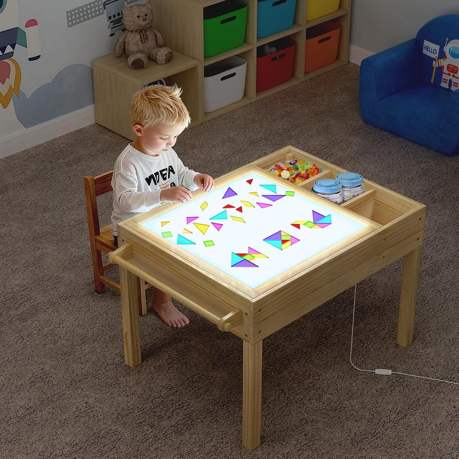 GDLF Light Table for Kids, 3-in-1 Kids Activity Table with Storage, LED Sensory, Building Brick & Art Station with Paper Roll Holder for Ages 3+