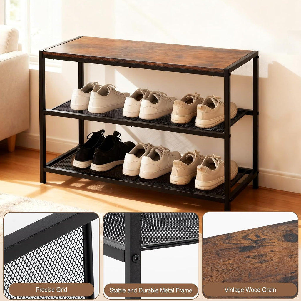 DUMOS 3-Tier Shoe Bench with Storage, Industrial Entryway Sturdy Shoe Rack Organizer Bench with Mesh Shelves for Entryway, Hallway & Living Room, Easy Assembly, Rustic Brown