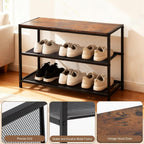 DUMOS 3-Tier Shoe Bench with Storage, Industrial Entryway Sturdy Shoe Rack Organizer Bench with Mesh Shelves for Entryway, Hallway & Living Room, Easy Assembly, Rustic Brown