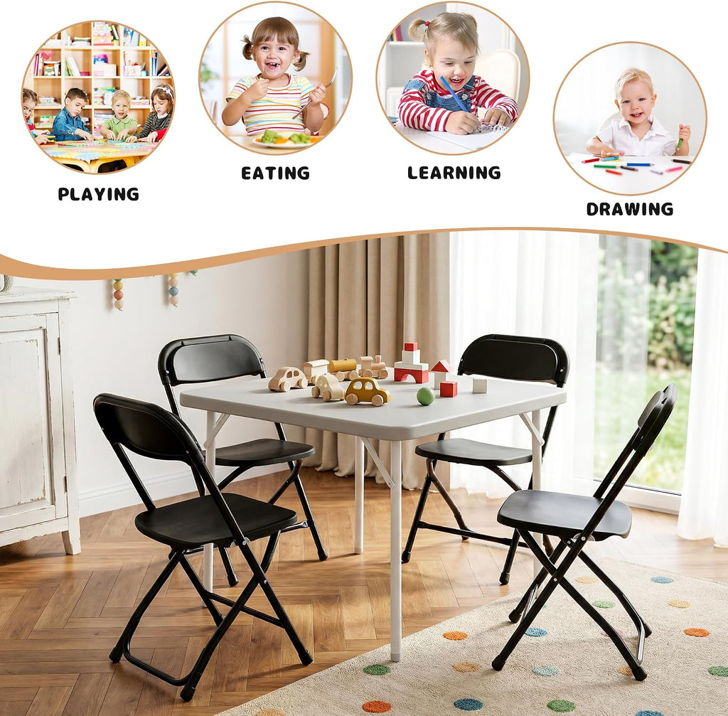 4 Pack Kids Black Plastic Folding Chair with Metal Frame for Toddler&Children, Lightweight and Stackable Foldable Seats for Indoor, Outdoor, Classrooms, Desks, Parties, Events