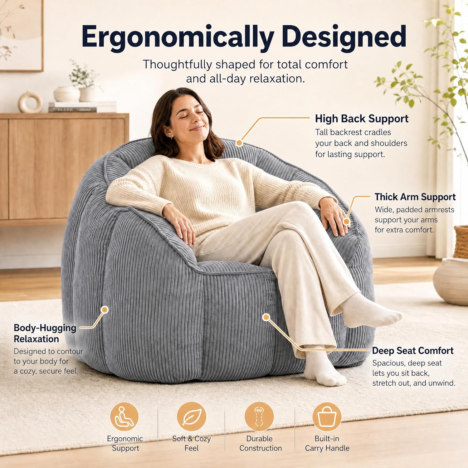 Bean Bag Chair for Adults with Armrests, Oversized Corduroy Bean Bag Sofa with High Back Support, Comfy Memory Foam Lounge Chair for Living Room, Bedroom, Dorm & Gaming (Dark Gray)