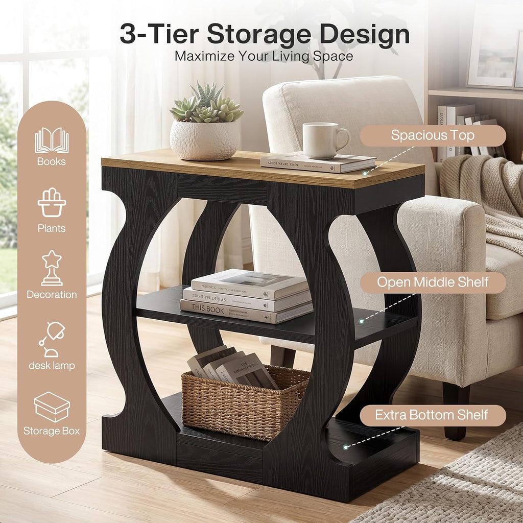 Tribesigns End Table with 3-Tier Storage, Narrow Side Table with Curved Frame, Wooden Nightstand for Living Room, Small Spaces, Bedroom, Rustic Brown & Black