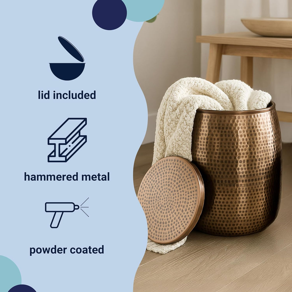 happimess SSL2000C Merida 19" Modern Rustic Hammered Metal Drum Storage Side Table with Lid, End Table for Decoration in Living Room, Bedroom, Bathroom, Antique Copper