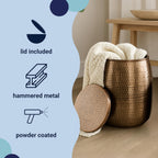 happimess SSL2000C Merida 19" Modern Rustic Hammered Metal Drum Storage Side Table with Lid, End Table for Decoration in Living Room, Bedroom, Bathroom, Antique Copper