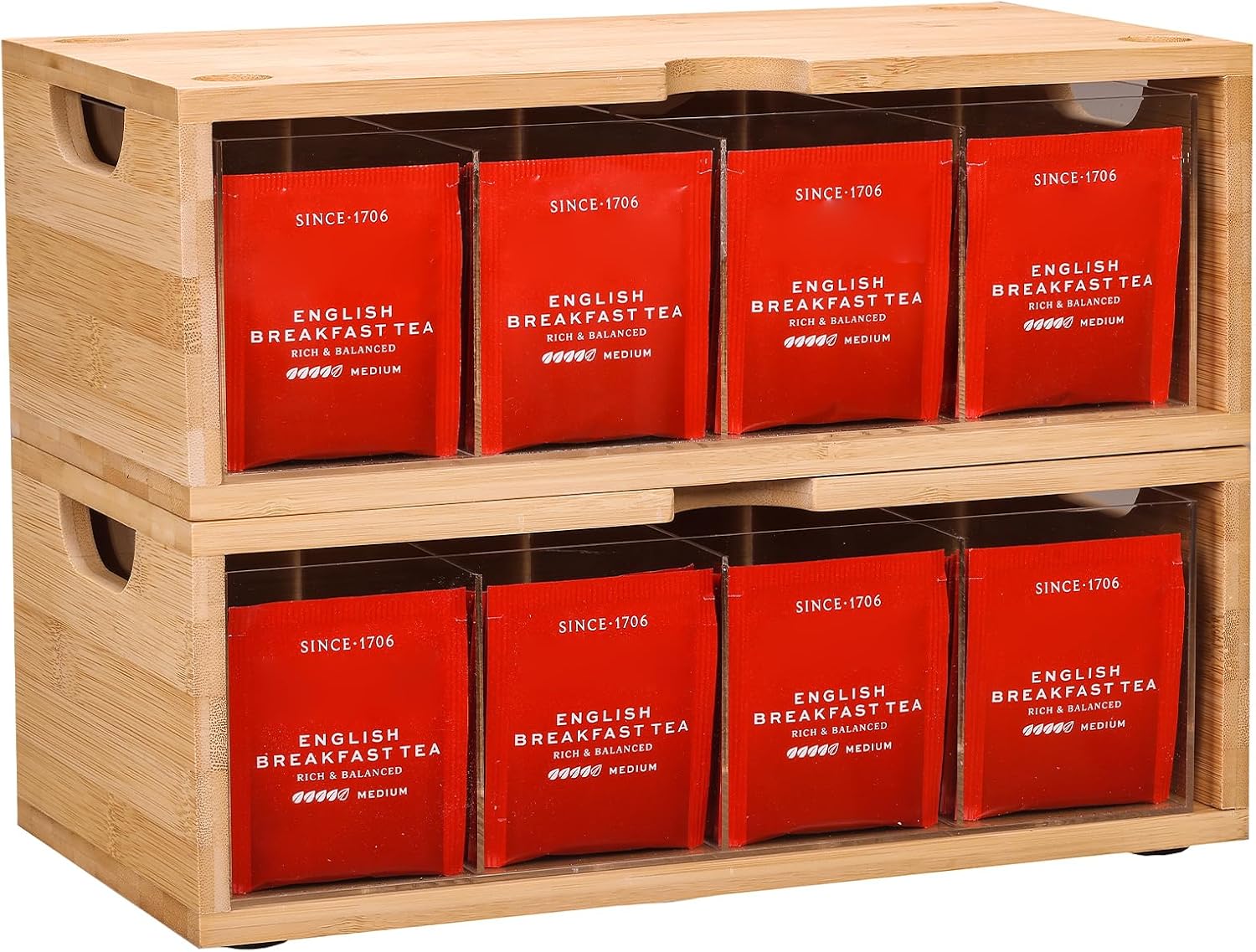 Stackable Bamboo Tea Box Organizer (Set of 2) - Large Capacity Tea Bag Storage Holder for Pantry & Cabinet - Multipurpose Tea Chest - Sustainable Kitchen Drawer & Office Breakroom Decor