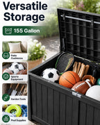 155 Gallon Waterproof Outdoor Storage Box, Large Lockable Deck Box, Indoor Outdoor Resin Storage Bench with Hydraulic Rod for Patio Furniture/Cushions/Garden Tools/Backyard/Pool Accessories, Black
