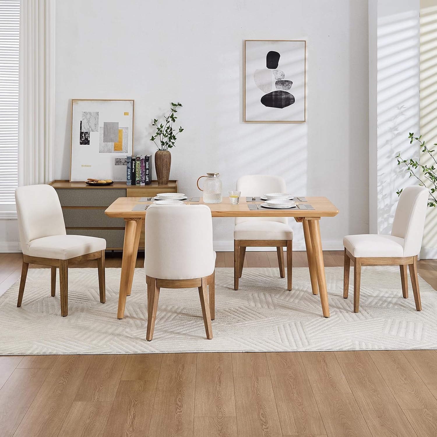 Upholstered Dining Chairs Set of 4, Linen Fabric Living Room Chairs Mid Century Modern Armless Kitchen Chairs with Backrest and Wood Legs for Kitchen Dining Room Restaurant, Cream