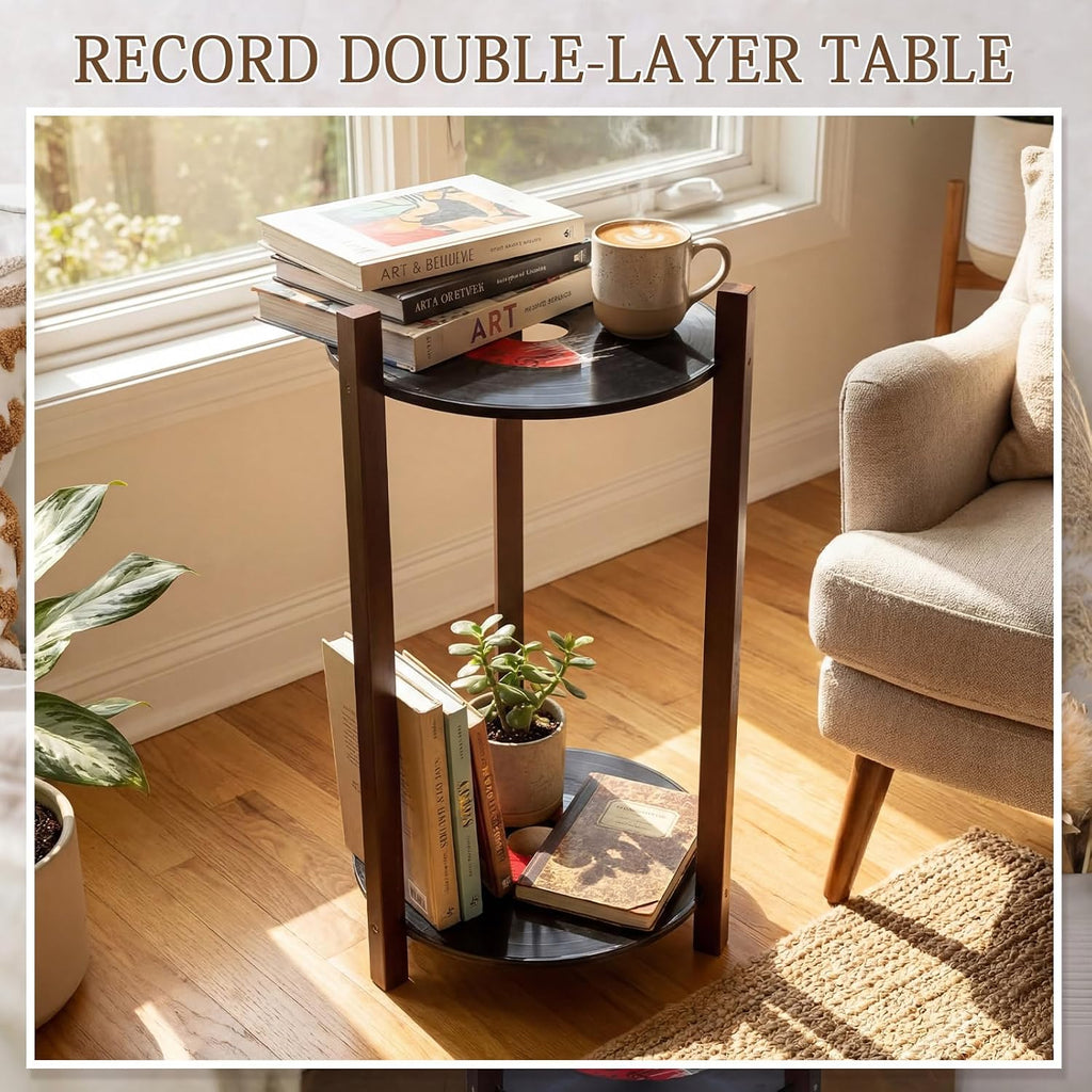 Roowest Vinyl Record Table 2 Tier Round Side Table with Storage Shelf Retro Record Desk Music Theme Home Decoration for Room Bedroom Plant Stand 1950's Rock and Roll Music Birthday Party Decor