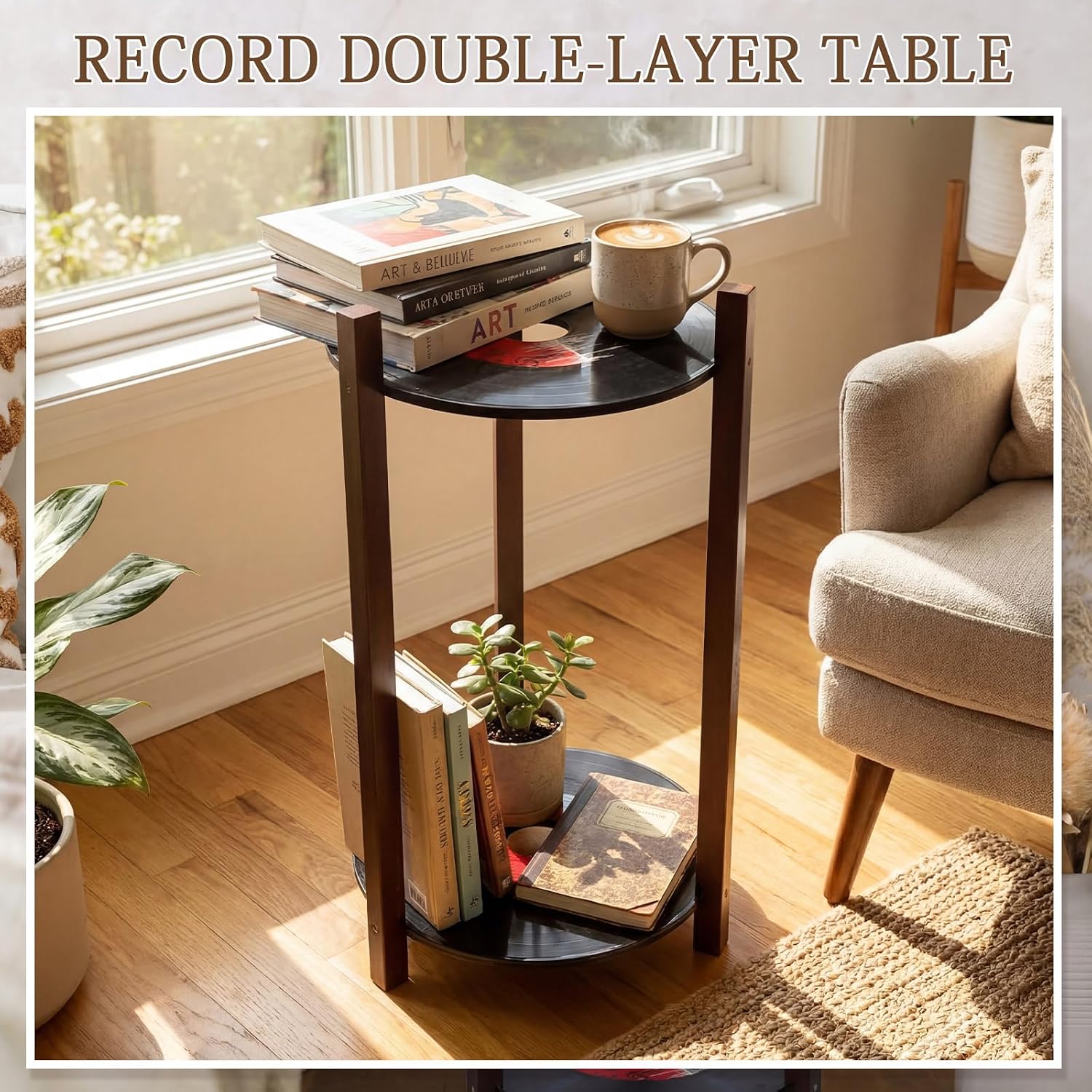 Roowest Vinyl Record Table 2 Tier Round Side Table with Storage Shelf Retro Record Desk Music Theme Home Decoration for Room Bedroom Plant Stand 1950's Rock and Roll Music Birthday Party Decor