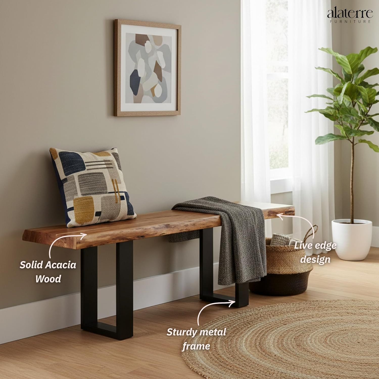Alaterre Furniture Alpine Live Edge Solid Wood 48" Bench with Metal Legs, Natural