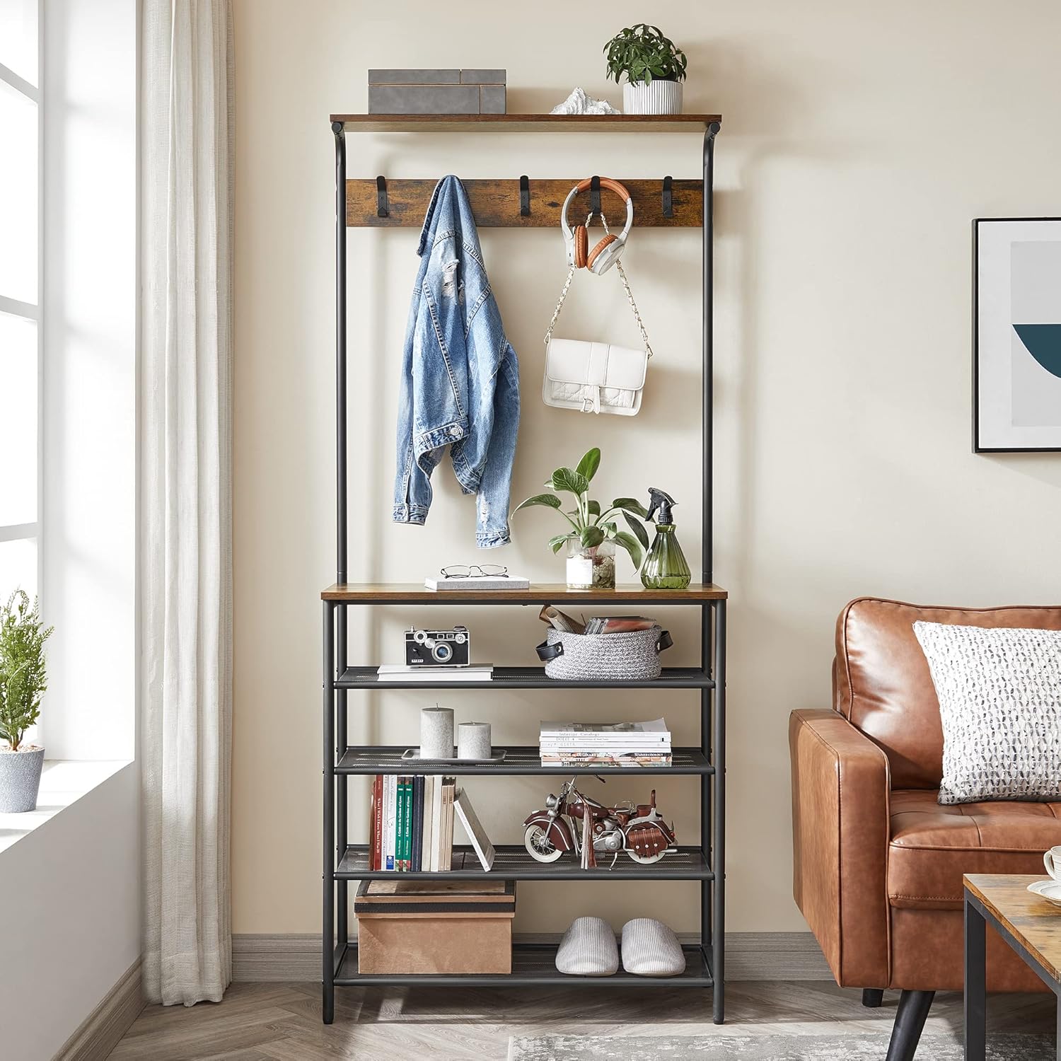 VASAGLE Hall Tree with Shoe Bench, Coat Rack Shoe Bench, 5-Tier Shoe Rack Different Heights, 5 Dual Hooks, Top Shelf, Entryway Organizer, Hallway Bedroom Dorm, Rustic Brown and Black UHSR408B01