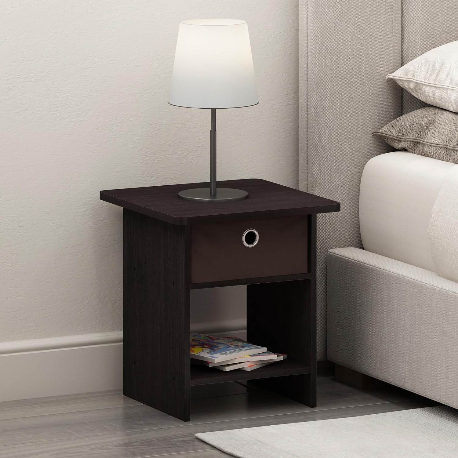 Furinno Dario Side Table with Bin Drawer, Black End Table with Open Shelves, Night Stand, Bedside Table for Living Room, Bedroom, Home Office, Dark Mocha