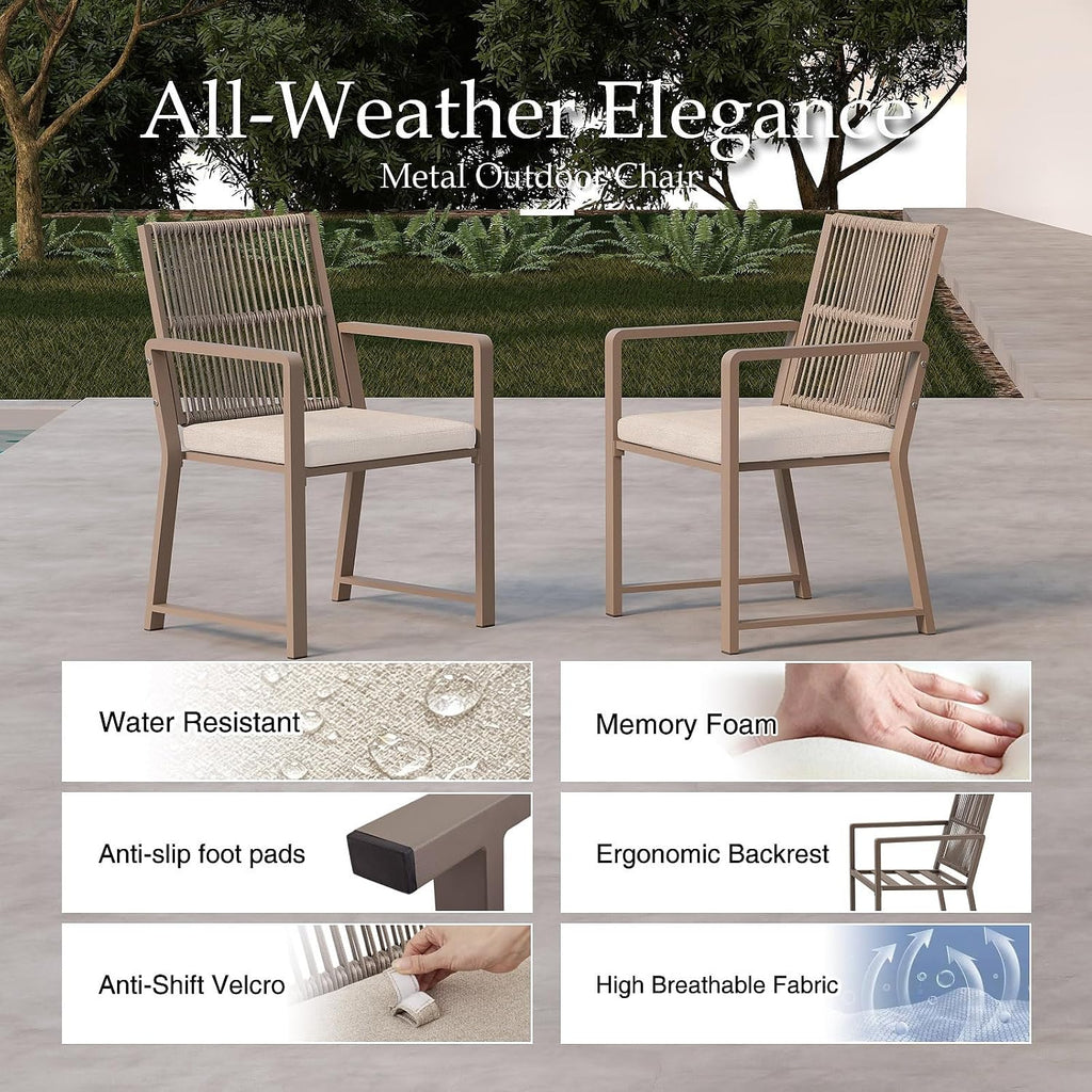 Outdoor Patio Dining Chair, All-Weather Woven Rope Outdoor Chairs Set of 2, Sturdy Iron Frame, 400 lbs, Ergonomic Backrest, Removable Breathable Cushion, for Patio & Garden, Light Brown