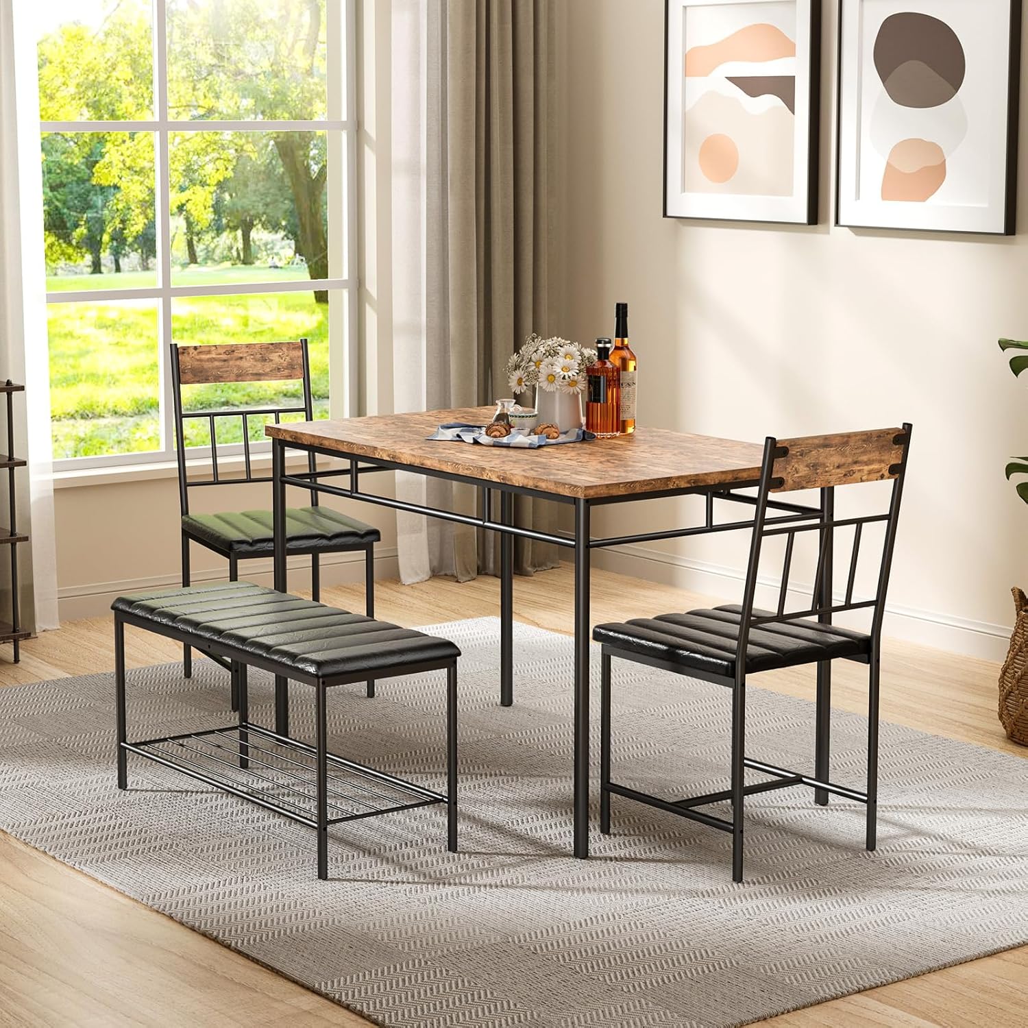 Garvee 4-Piece Modern Dining Table Set, Kitchen Table with Upholstered Chairs and Bench, Kitchen Table Set for Small Space, Apartment, Home, Studio