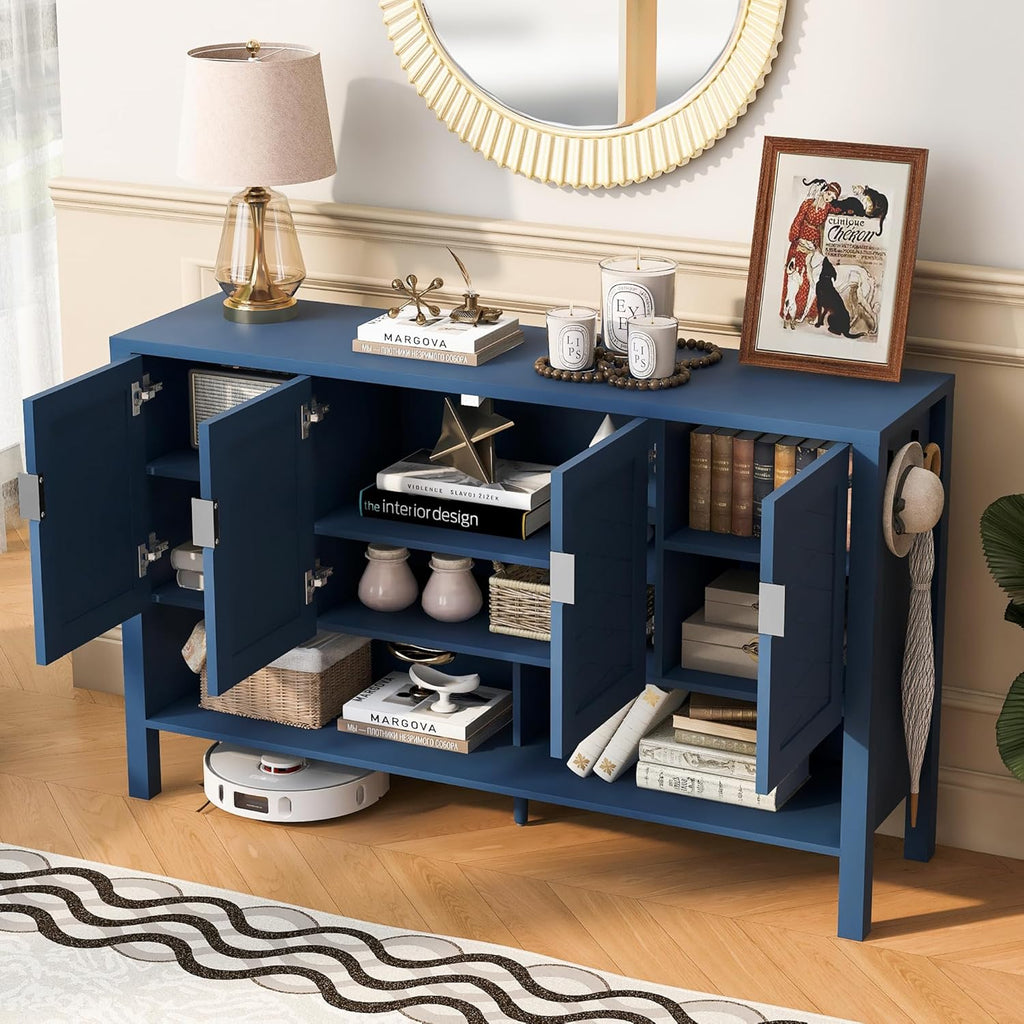 Virubi 55" Sideboard Buffet Cabinet with Storage and Double Hooks, Modern Wood Coffee Bar Cabinet with Open Shelf and 2-Tiers Adjustable Shelves for Living Room, Hallway, Dining, Navy Blue