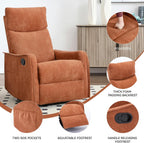 Anwick 360° Swivel Rocker Recliner Chair with Heat and Massage, Manual Upholstered Recliner for Small Spaces, Fabric Glider Nursery Chair with Side Pockets for Living Room (Orange)