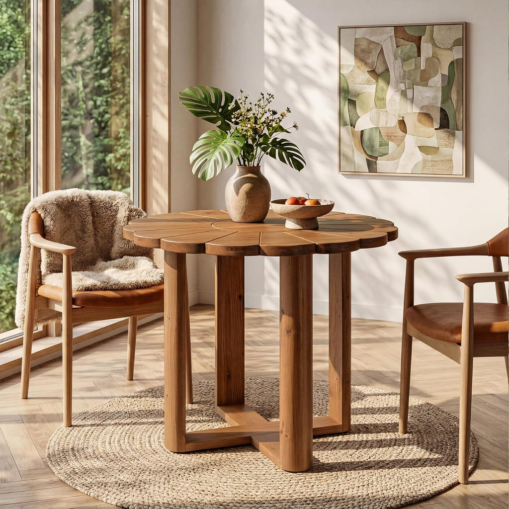 31.5-Inch Solid Wood Round Dining Table for 2-4, Small Farmhouse Kitchen Table with Carved Petal Pattern, Wooden Dining Room Furniture for Apartments, Small Place, Rustic Brown