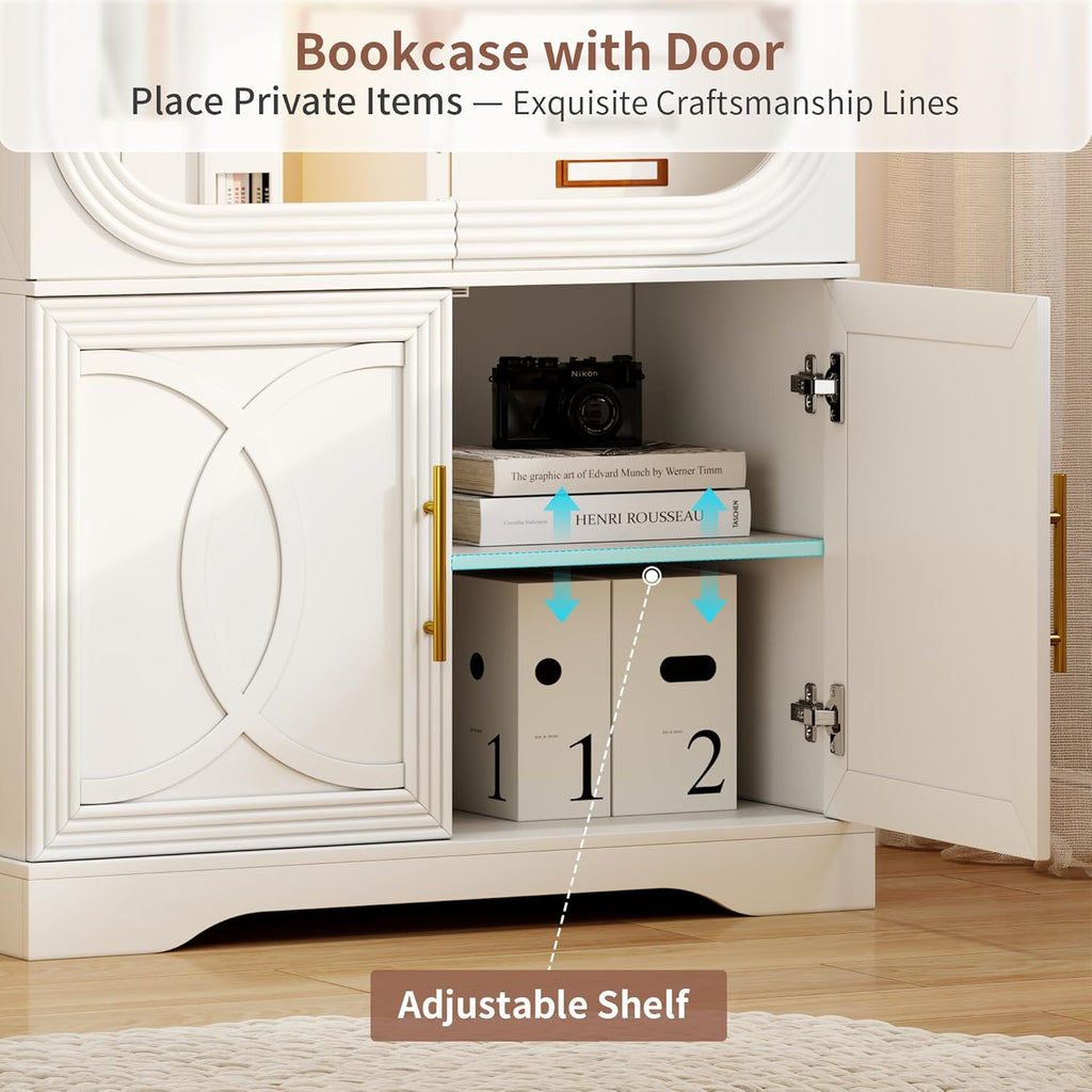 2pc Wood Display Cabinet with Glass Doors, 69" Tall Curio Cabinet with LED Lights, Glass Display Case with Storage and 3 Shelves for Living Room, (White-2)