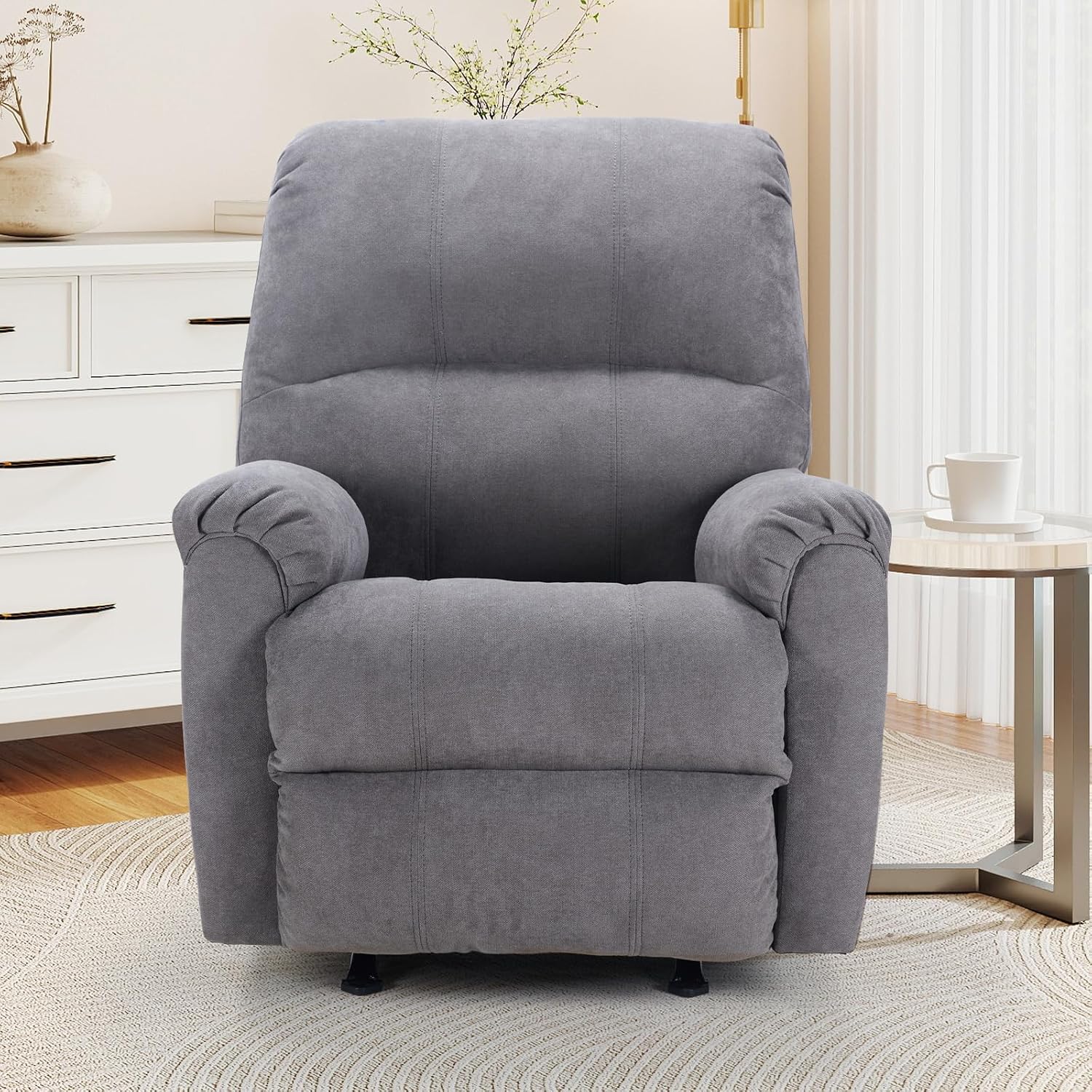 CANMOV Rocker Recliner Chair, Soft Fabric Manual Recliner Chair with Overstuffed Back and Arms, Single Sofa Nursery Rocking Chairs for Living Room, Grey