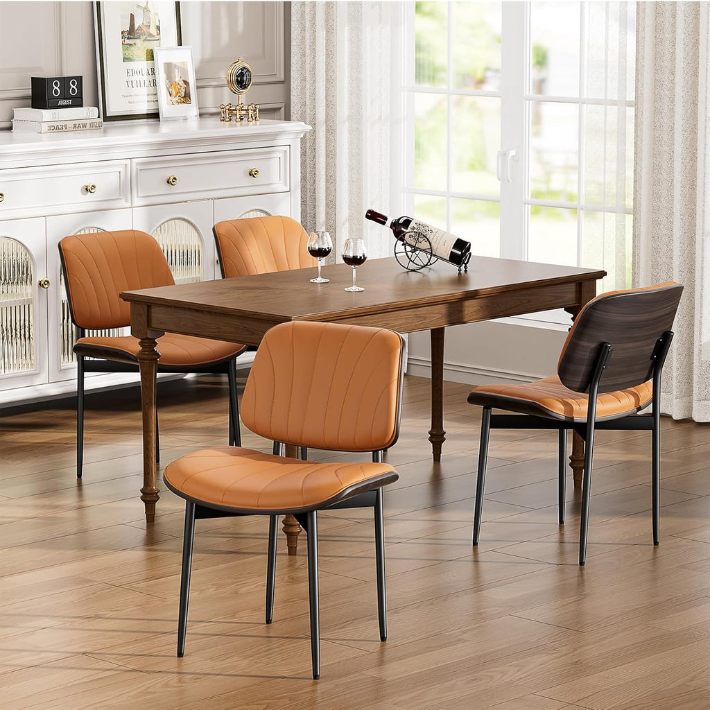 YaFiti Dining Chairs Set of 4, Mid Century Modern Dining Room and Kitchen Chairs, Upholstered PU Leather Chairs with Walnut Bentwood and Metal Legs, Orange
