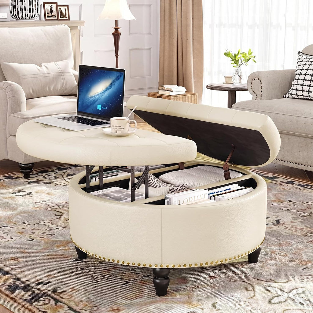 FiveWillowise 30 Inch Large Round Ottoman with Storage, Modern Leather Ottoman Coffee Table with Lift Top, Upholstered Button Tufted Footrest Stool Toy Blanket Storage for Living Room,Cream White