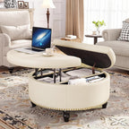 FiveWillowise 30 Inch Large Round Ottoman with Storage, Modern Leather Ottoman Coffee Table with Lift Top, Upholstered Button Tufted Footrest Stool Toy Blanket Storage for Living Room,Cream White