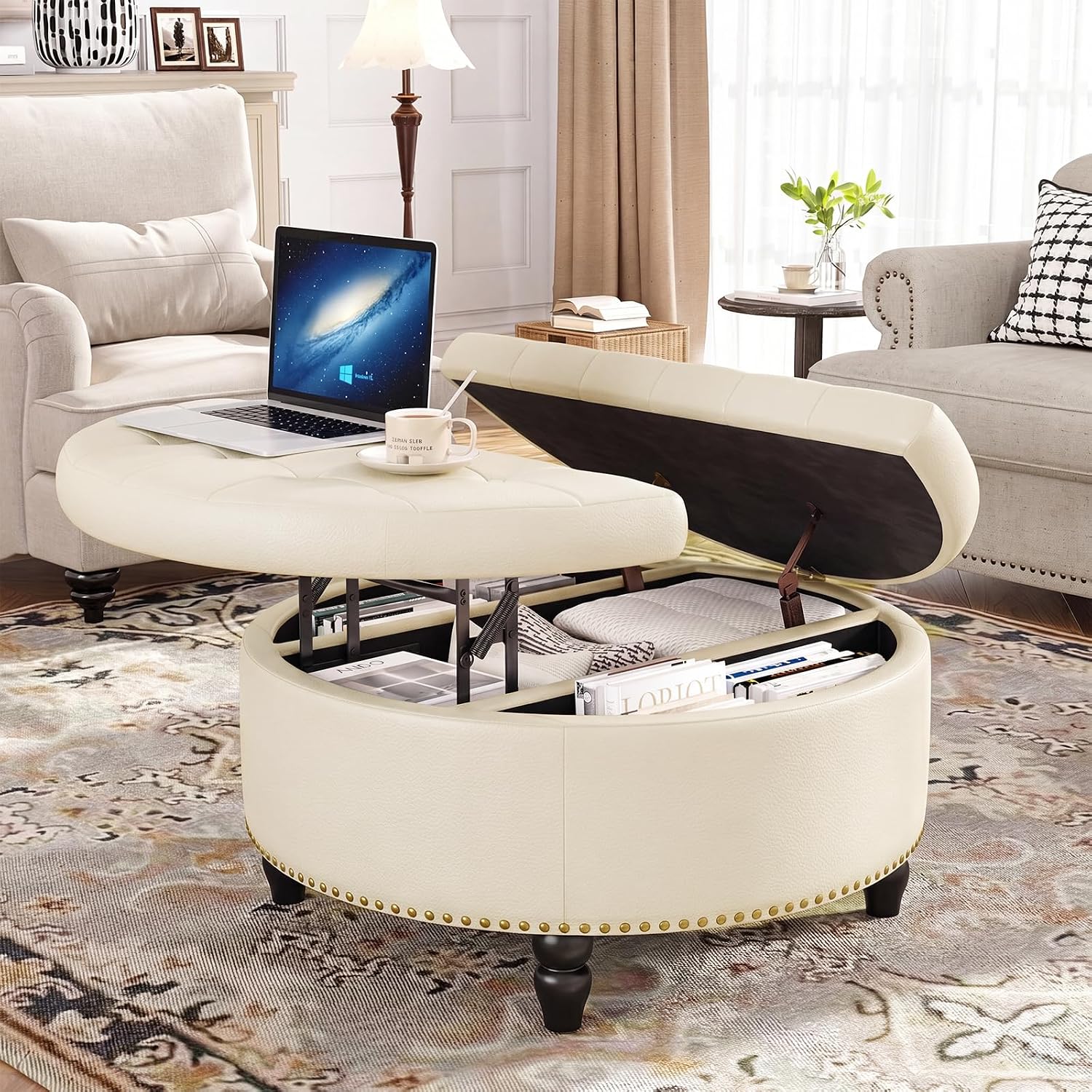 FiveWillowise 30 Inch Large Round Ottoman with Storage, Modern Leather Ottoman Coffee Table with Lift Top, Upholstered Button Tufted Footrest Stool Toy Blanket Storage for Living Room,Cream White