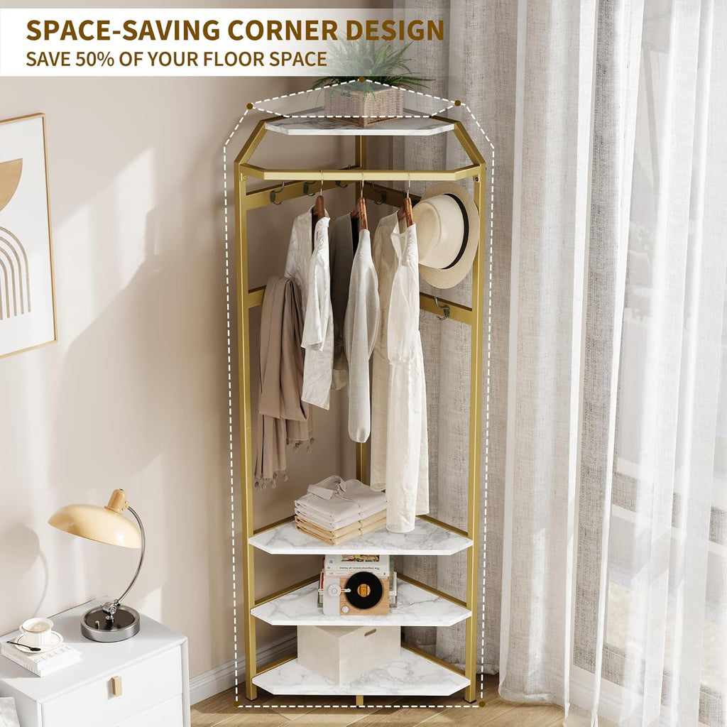 Corner Coat Rack Freestanding, 50x50x180cm Gold Metal Hall Tree with Storage Shelves & Hooks, Space-Saving 90° Corner Garment Rack for Entryway, Bedroom, Hallway, Office