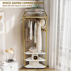 Corner Coat Rack Freestanding, 50x50x180cm Gold Metal Hall Tree with Storage Shelves & Hooks, Space-Saving 90° Corner Garment Rack for Entryway, Bedroom, Hallway, Office