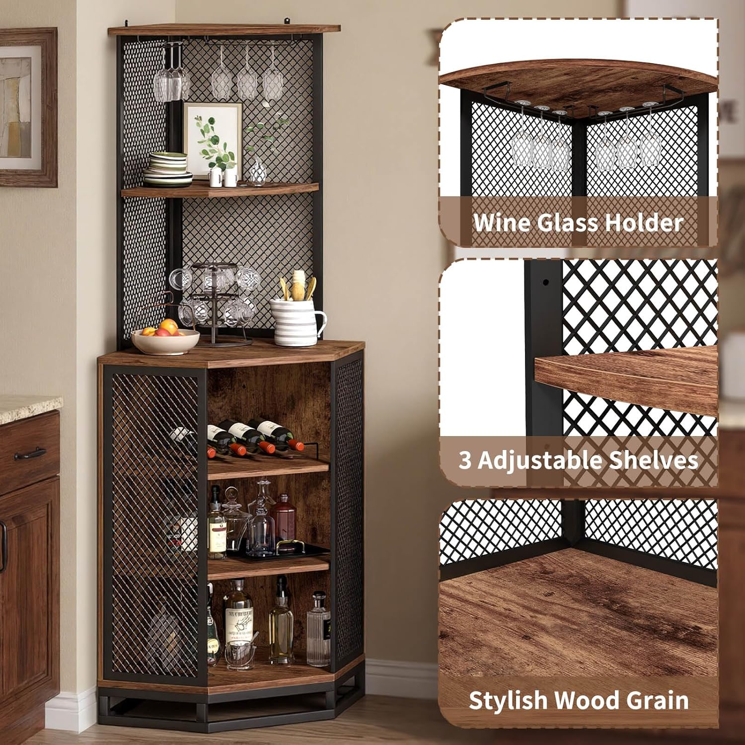 IBF Corner Bar Cabinet 71" Tall Wine Display with Glass Holder, Sturdy 5-Tier Industrial Farmhouse Liquor Storage with Adjustble Shelf，Anti-Tipping Design for Home Kitchen Small Space, Rustic Brown