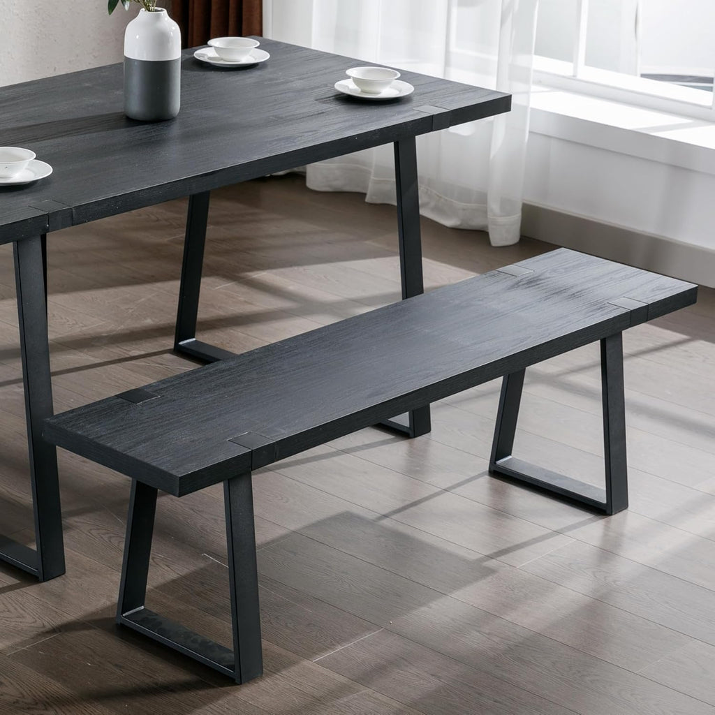 Wooden Dining Bench 60” Industrial Table Benches, Seating Chair Rustic Indoor Benches, Mid Century Kitchen Bench with Metal Legs, Black
