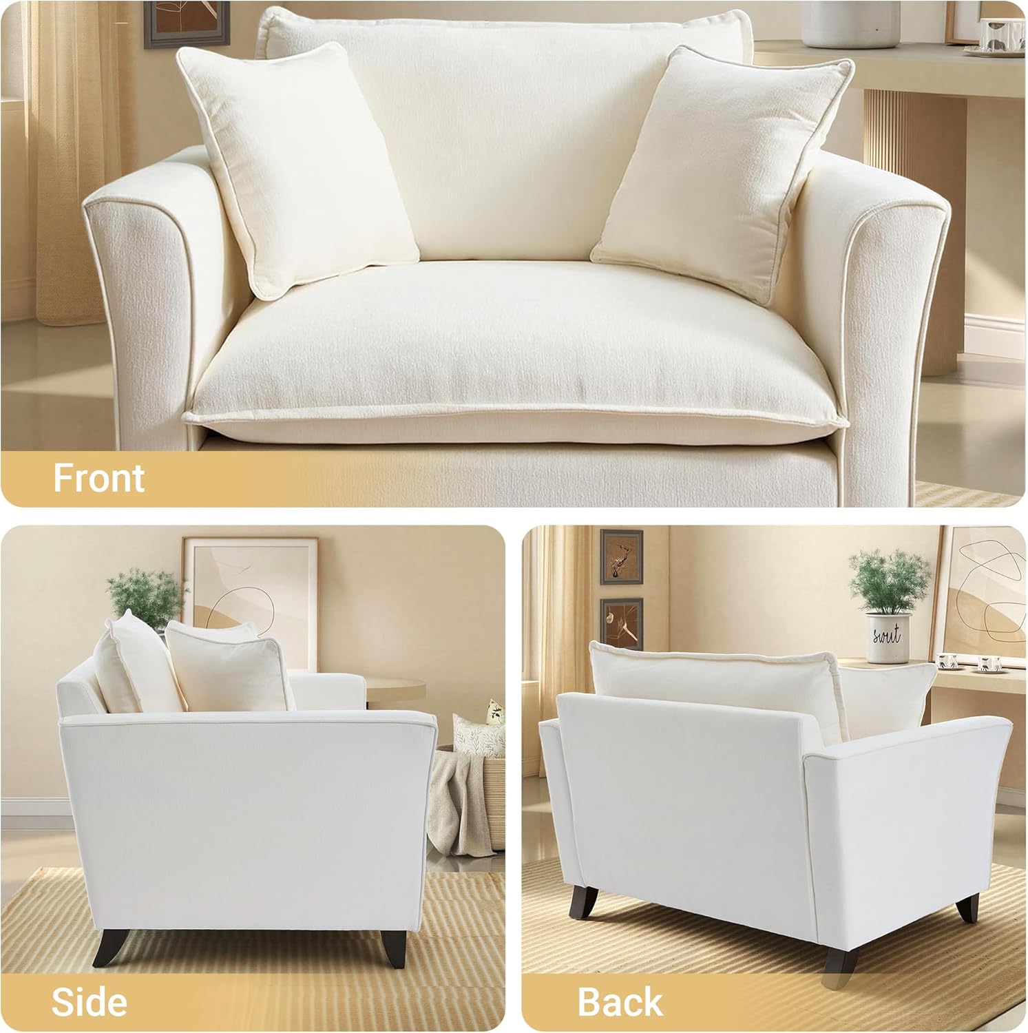 ERYE 46.9" Chenille Upholstered Accent Chair Wide Seat for Living Room Bedroom, Modern Leisure Cushion Armchair W/ 2 Pillows and Removable Cover for Home Apartment Office