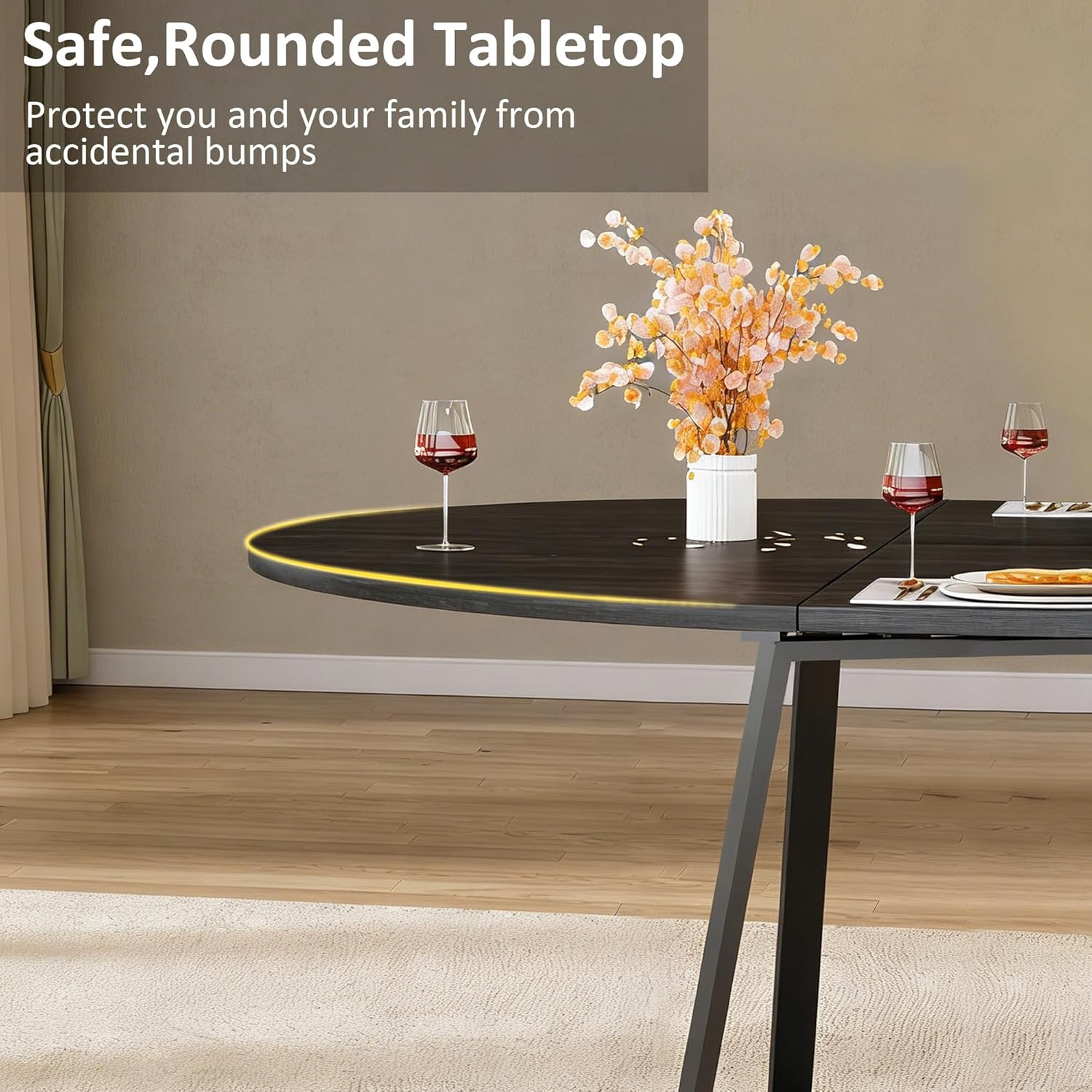 HUAHUU 60" Dining Table Set for 4-8, 5-Piece Extendable Round to Oval Kitchen Table Cushion Chairs Set of 4, Metal Frame & MDF Board, Space-Saving for Small Apartment, Black Wood Grain