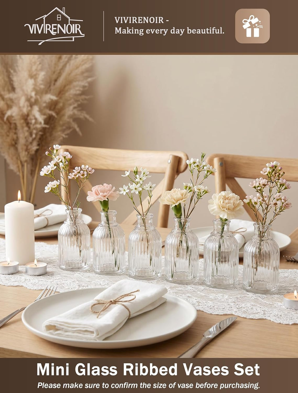 Glass Bud Vases Set of 24, Small Flower Vase in Bulk, Clear Mini Ribbed VaseS for Centerpieces, Modern Wedding Reception Table Decorations