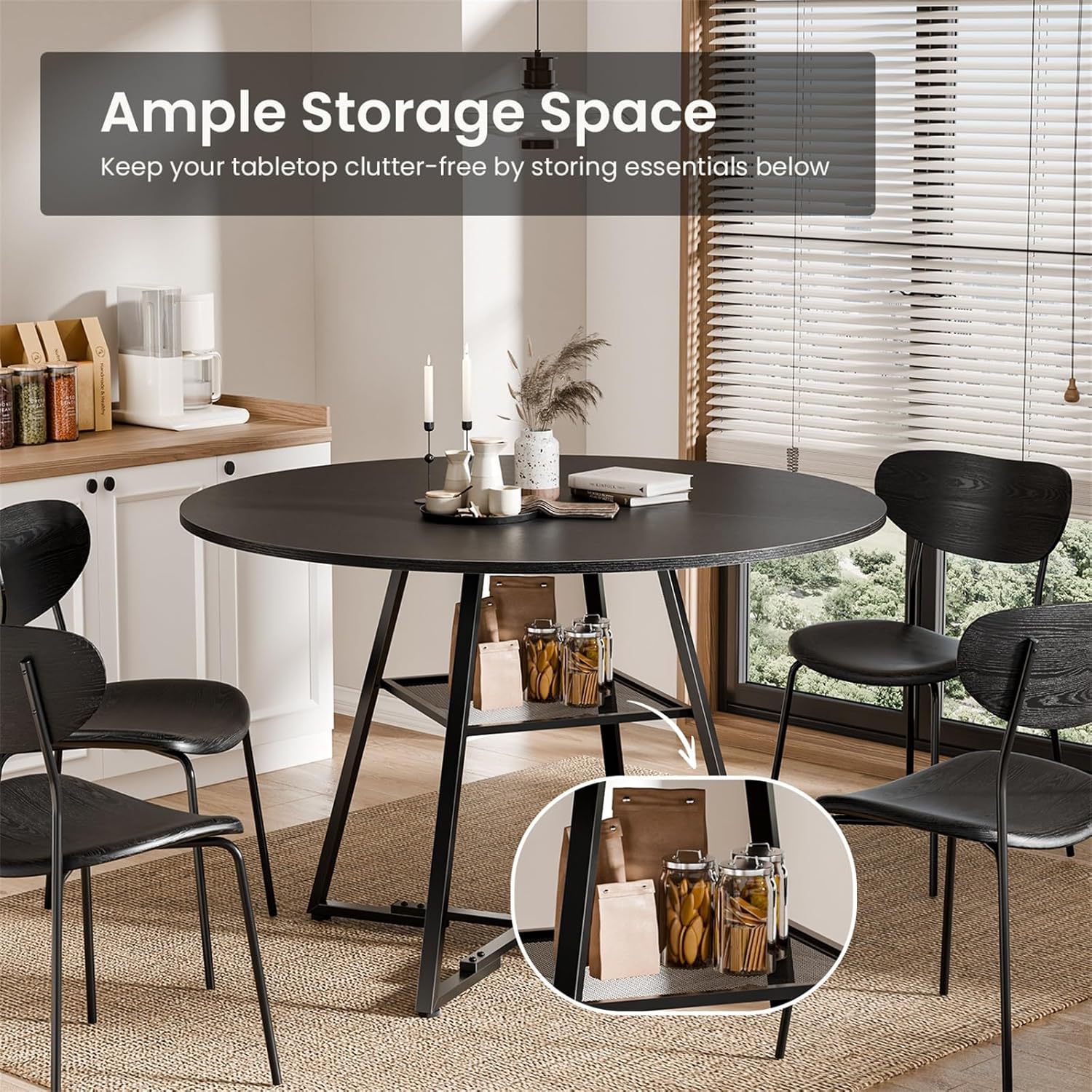 DUMOS 47" Round Dining Table for 4-6, Space Saving Kitchen Table with Dual-Tier Storage, Pedestal Metal Frame, Industrial Farmhouse Circle Dinner Table for Apartment, Black